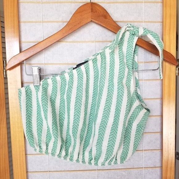 Quzu One-Shoulder Crop Top Linen Green Stripe Size Small - Picture 1 of 9